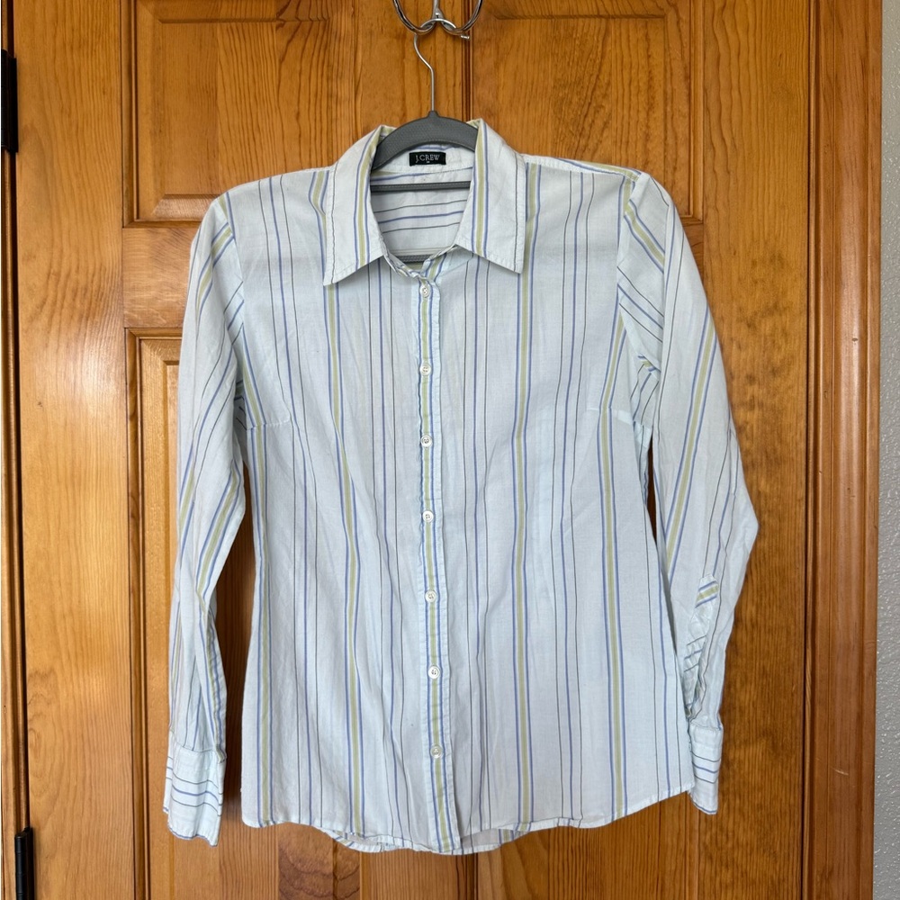 J.Crew Womens Medium Striped Button Down Shirt White Blue Green Long Sleeve Top